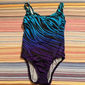Longitude Womens Zebra Print One Piece Swimsuit Blue Purple Ombre Size 10
